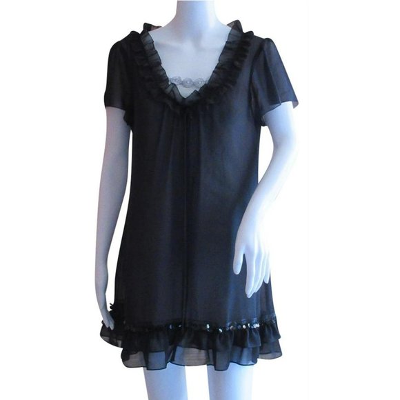 Veeko Women's Ruffle-trimmed Embroidered Silk-organza Mini Dress Black - Picture 1 of 7